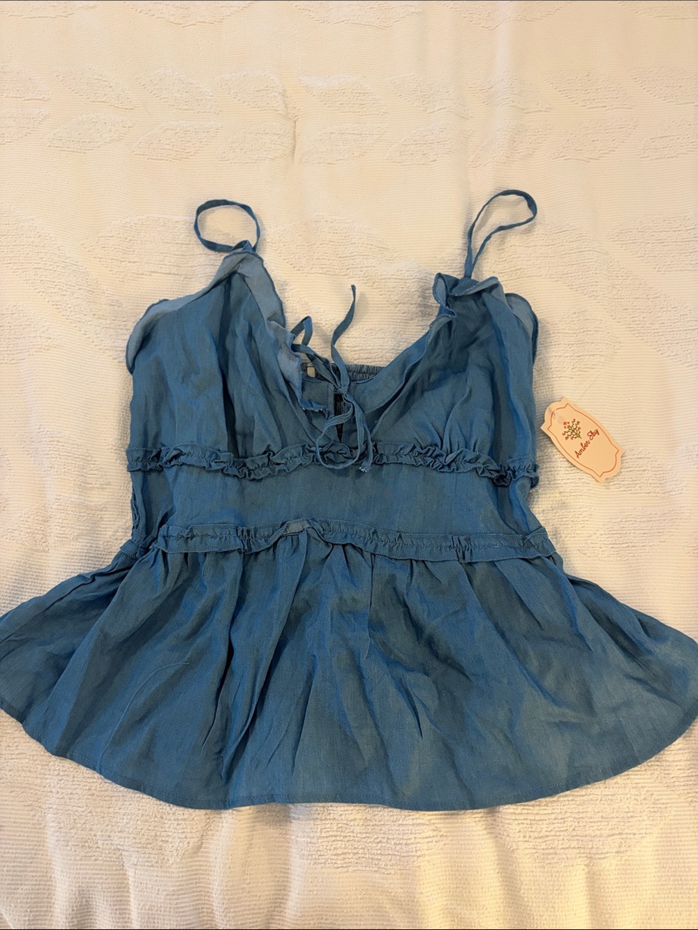 Ruched Tie-Front Blue Camisole Peplum Top